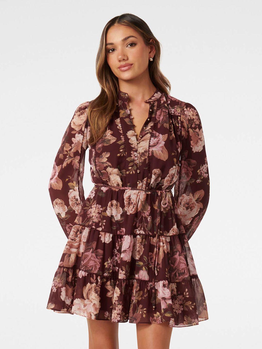 forever new floral printed mandarin collar fit & flare dress