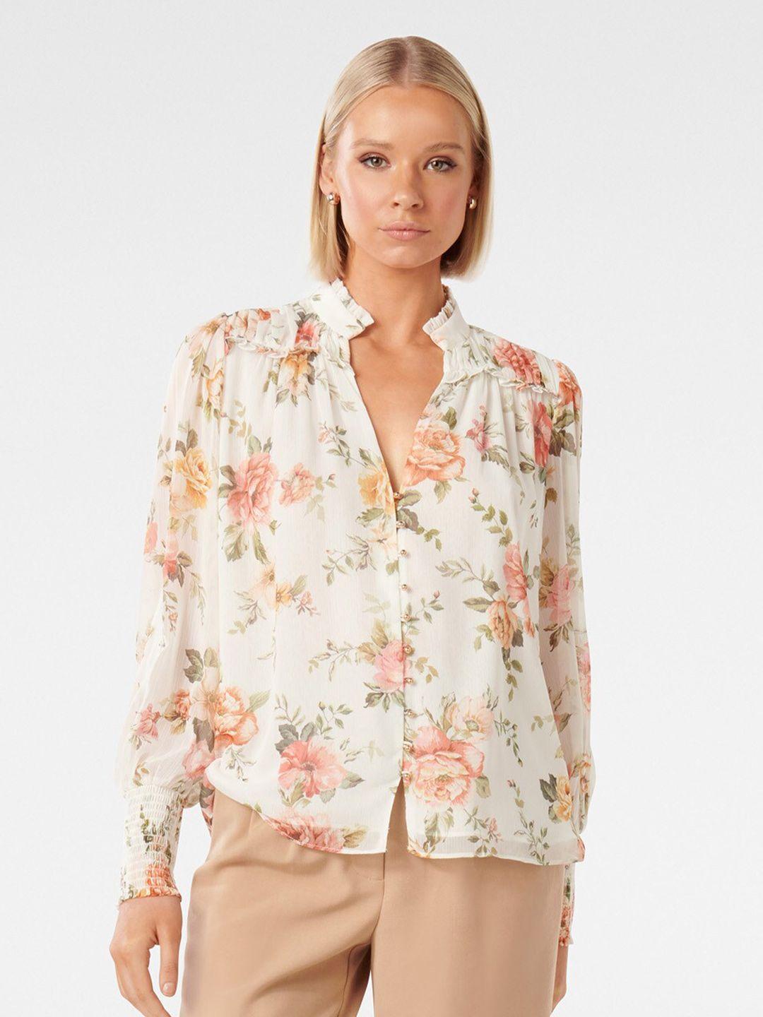forever new floral printed mandarin collar ruffled shirt style top
