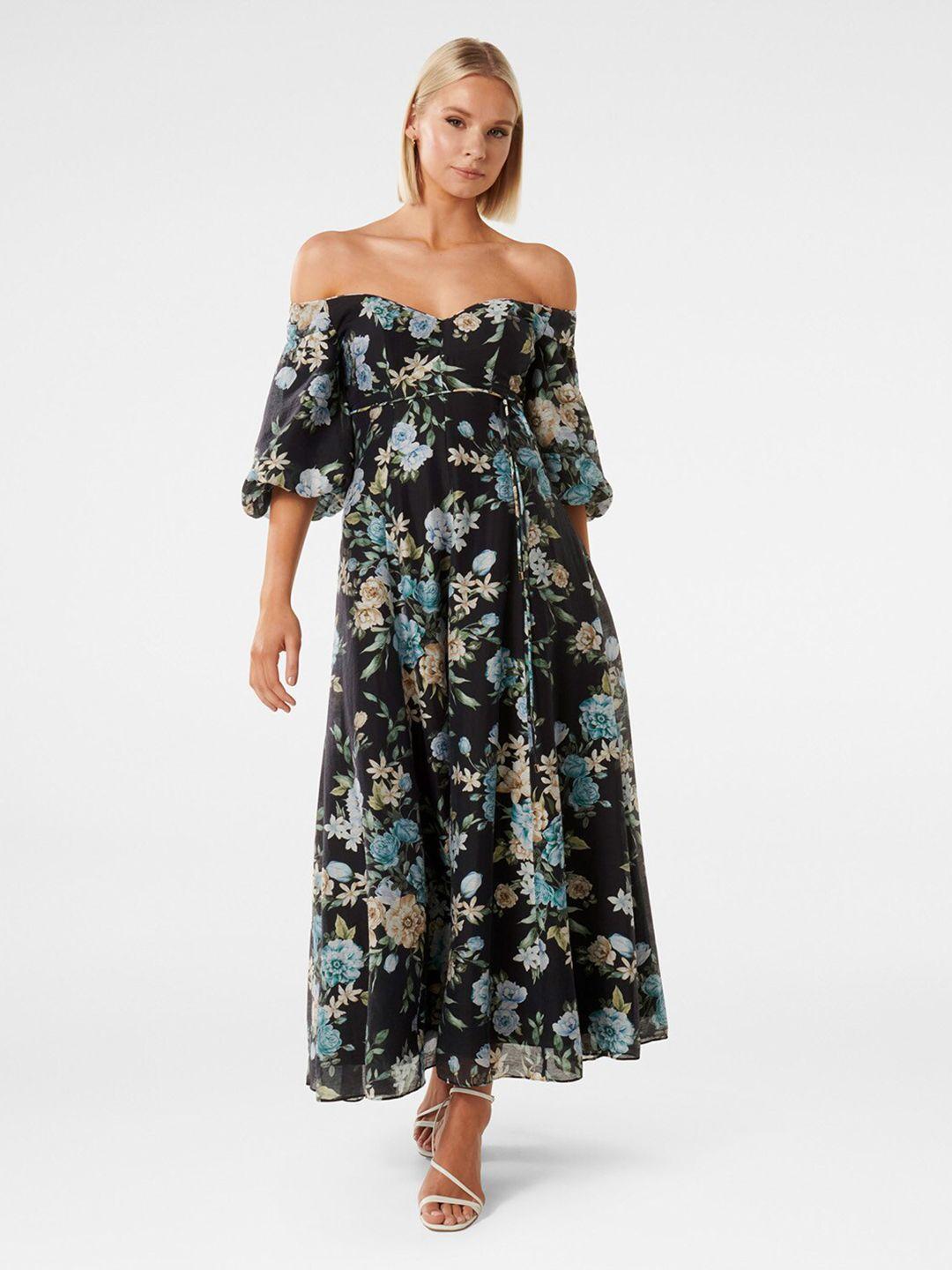 forever new floral printed off-shoulder puff sleeves maxi dress with belt