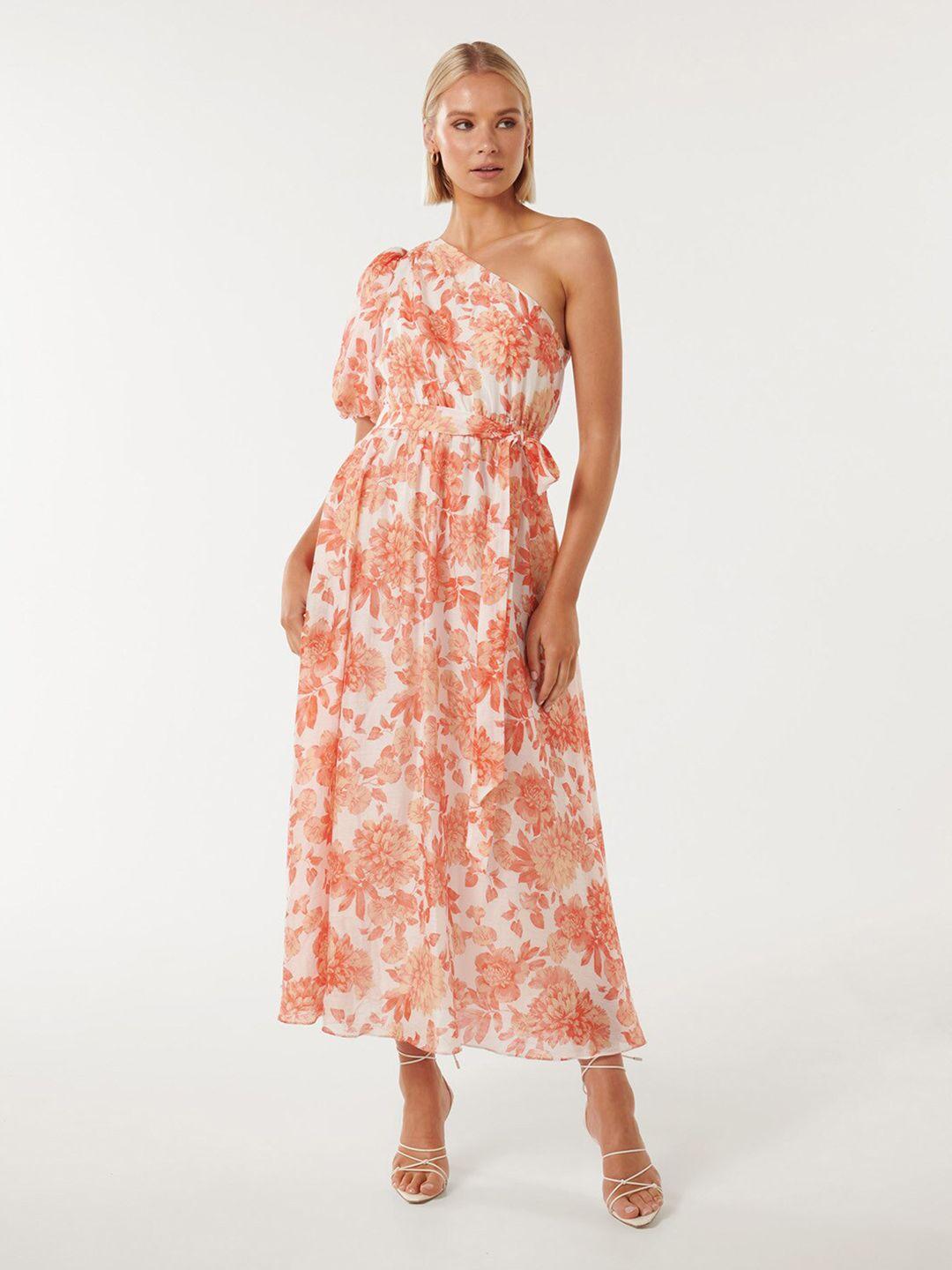 forever new floral printed one shoulder puff sleeves fit & flare maxi dress