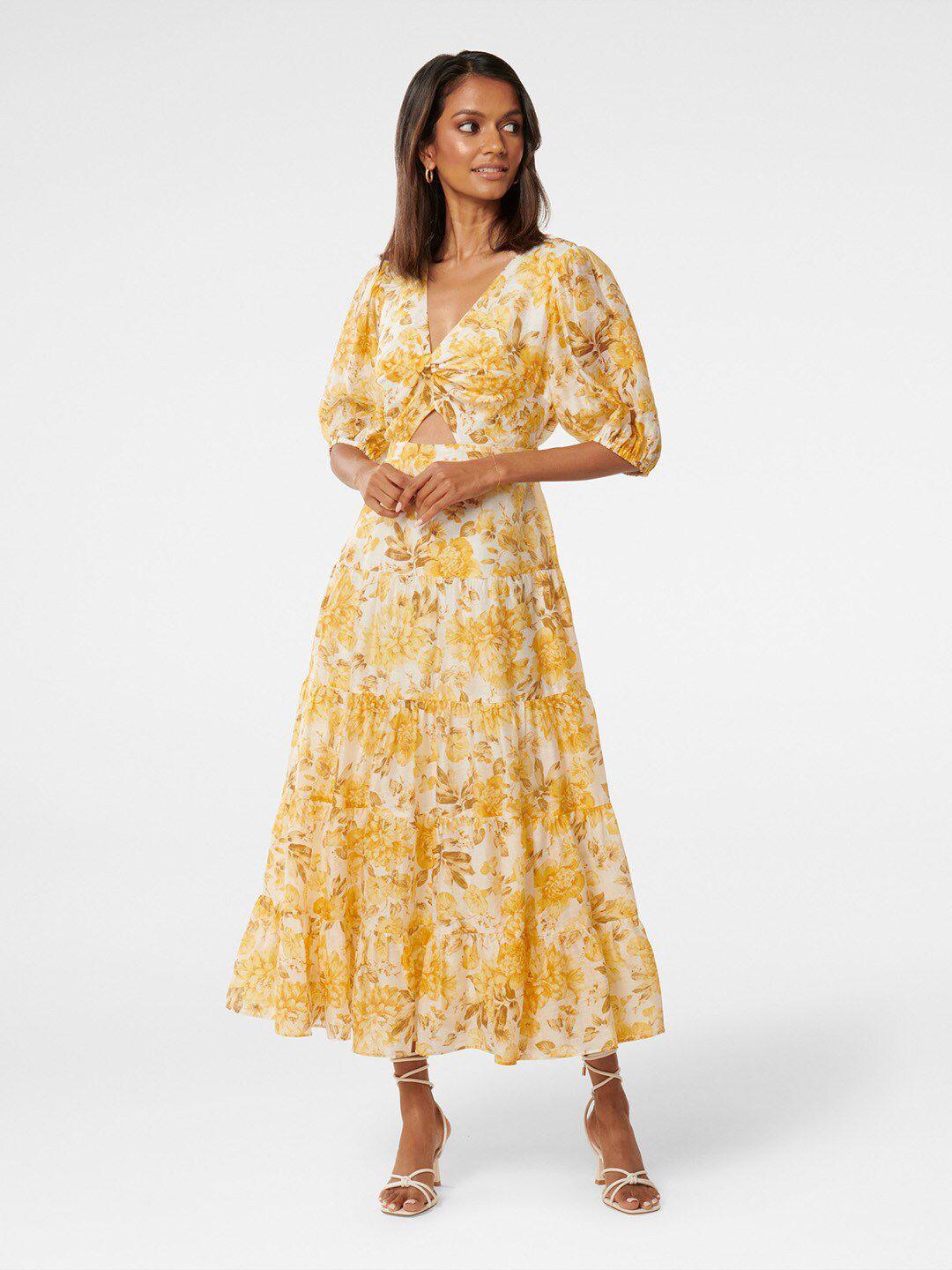 forever new floral printed puff sleeves cut-out detail midi fit & flare dress