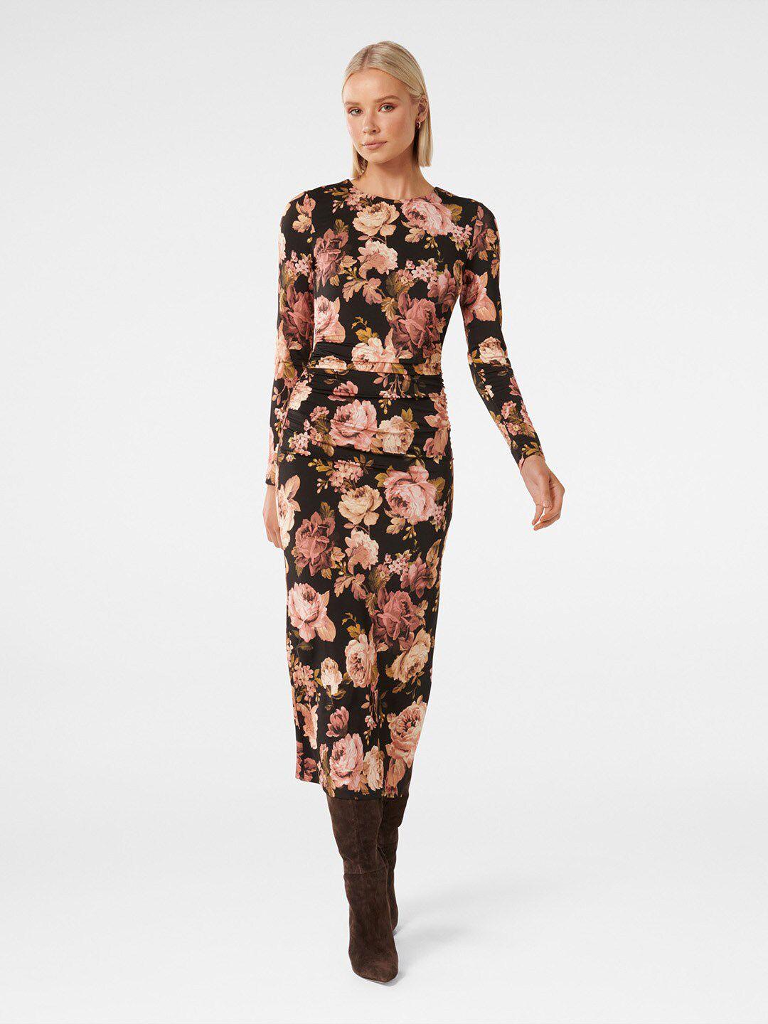 forever new floral printed ruched bodycon midi dress