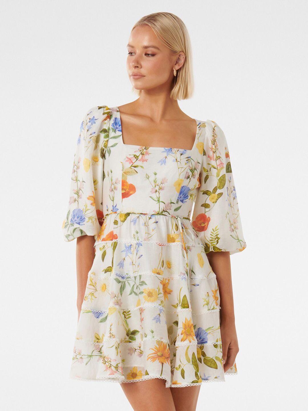 forever new floral printed square neck puff sleeve fit & flare mini dress