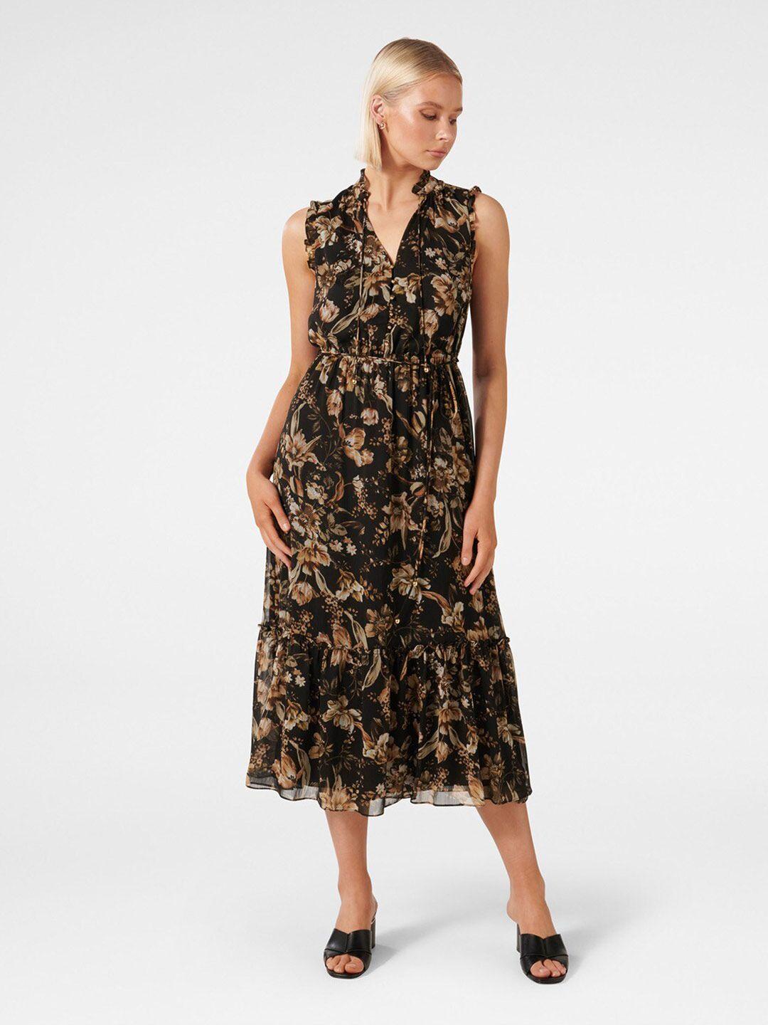 forever new floral printed tie-up neck sleeveless gathered tiered a-line midi dress