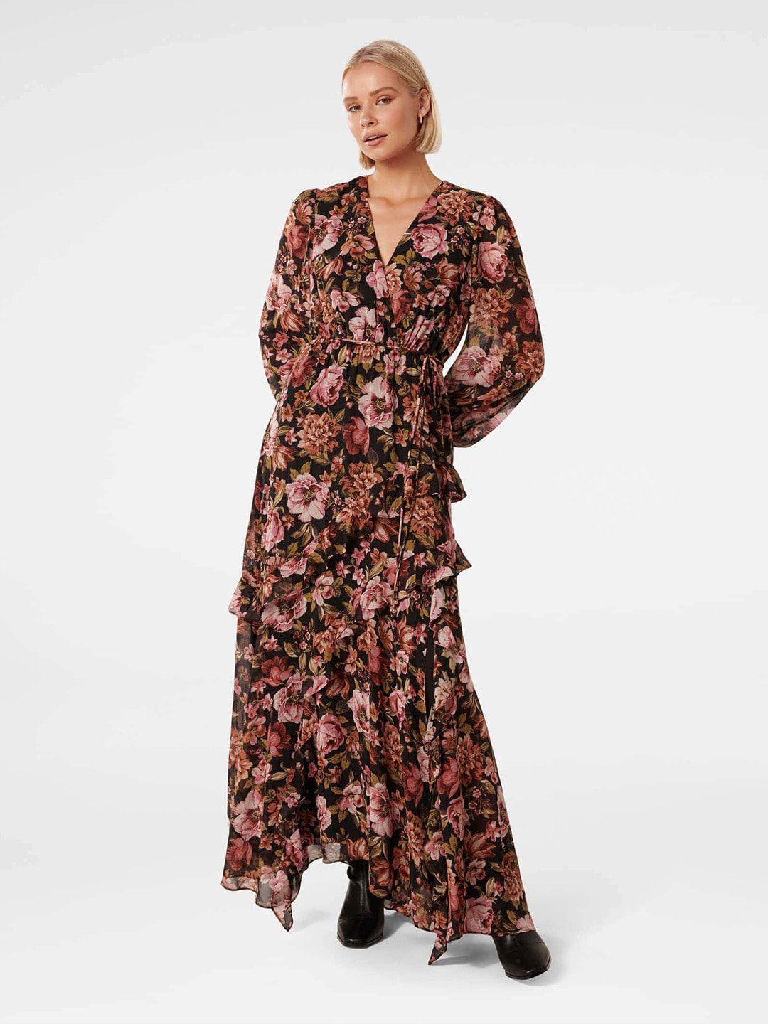 forever new floral printed v-neck puff sleeves belted ruffle maxi dress