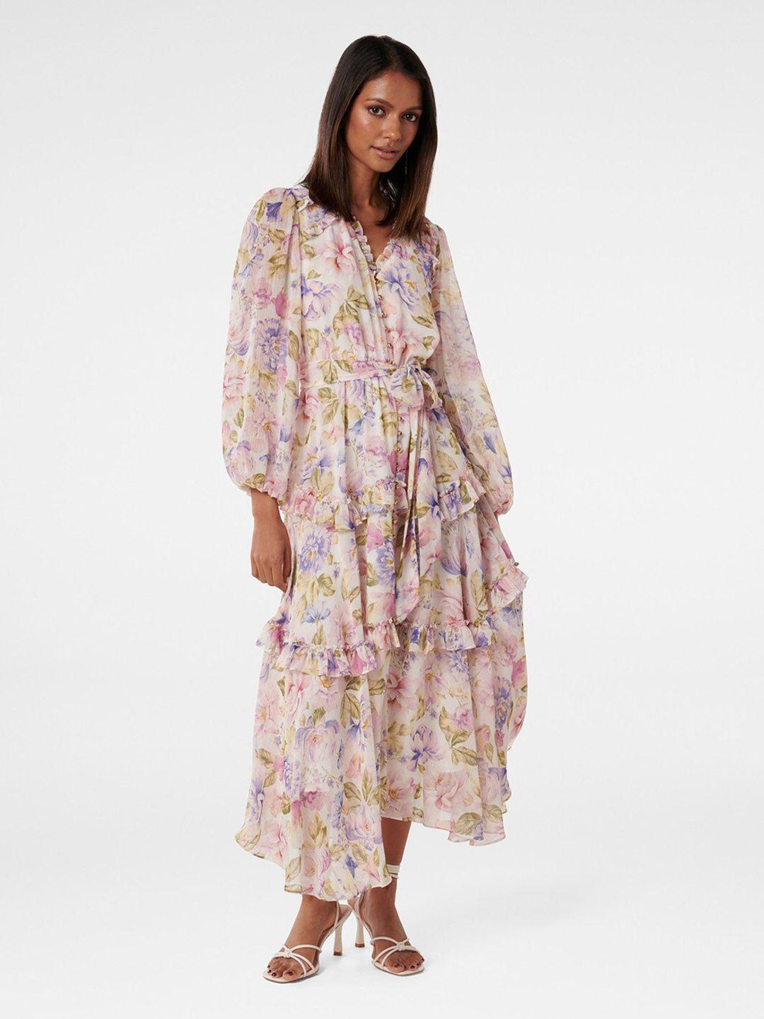 forever new floral printed v-neck puff sleeves gathered fit & flare dress