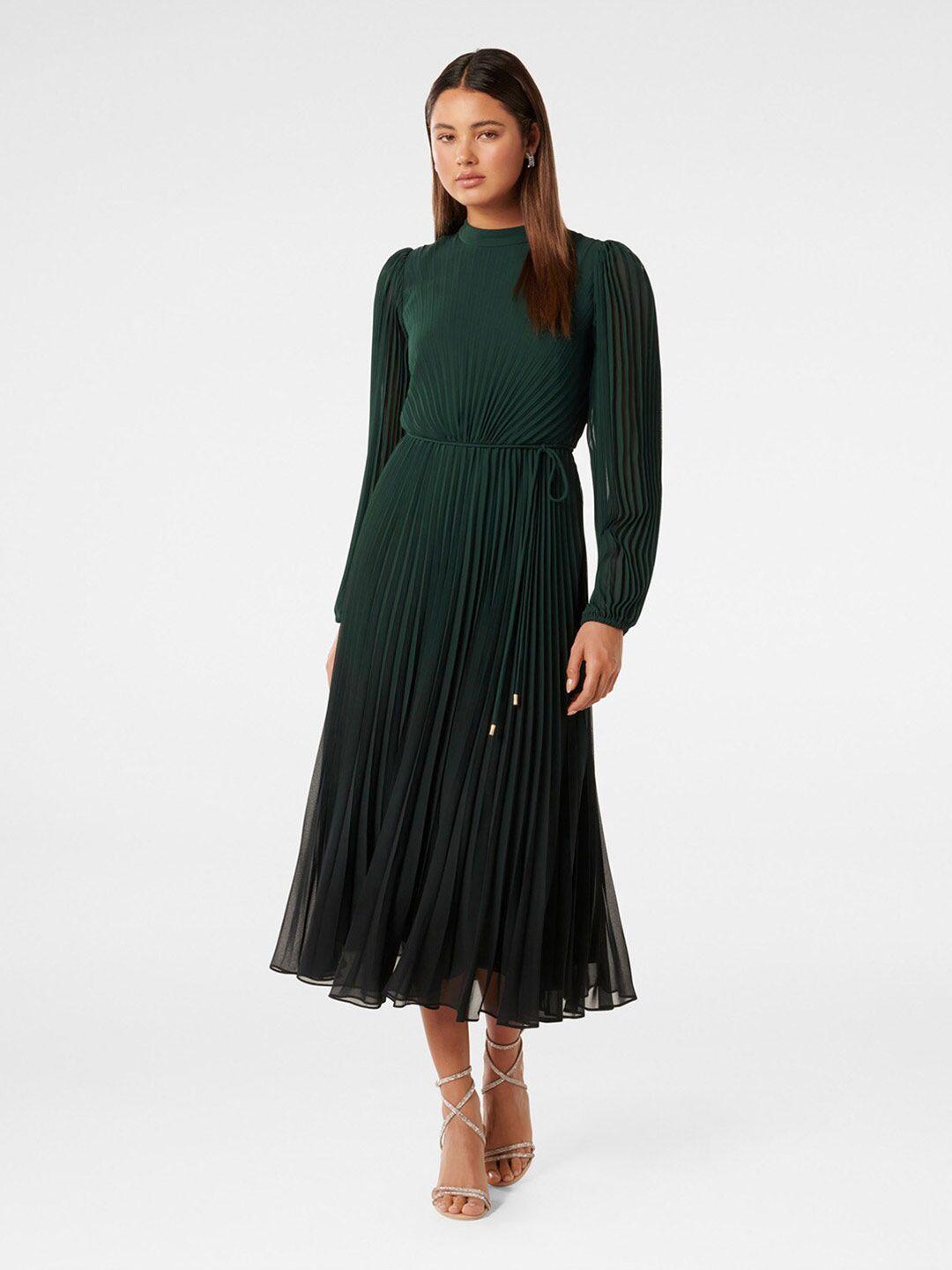 forever new high neck puff sleeves accordion pleated fit & flare midi dress