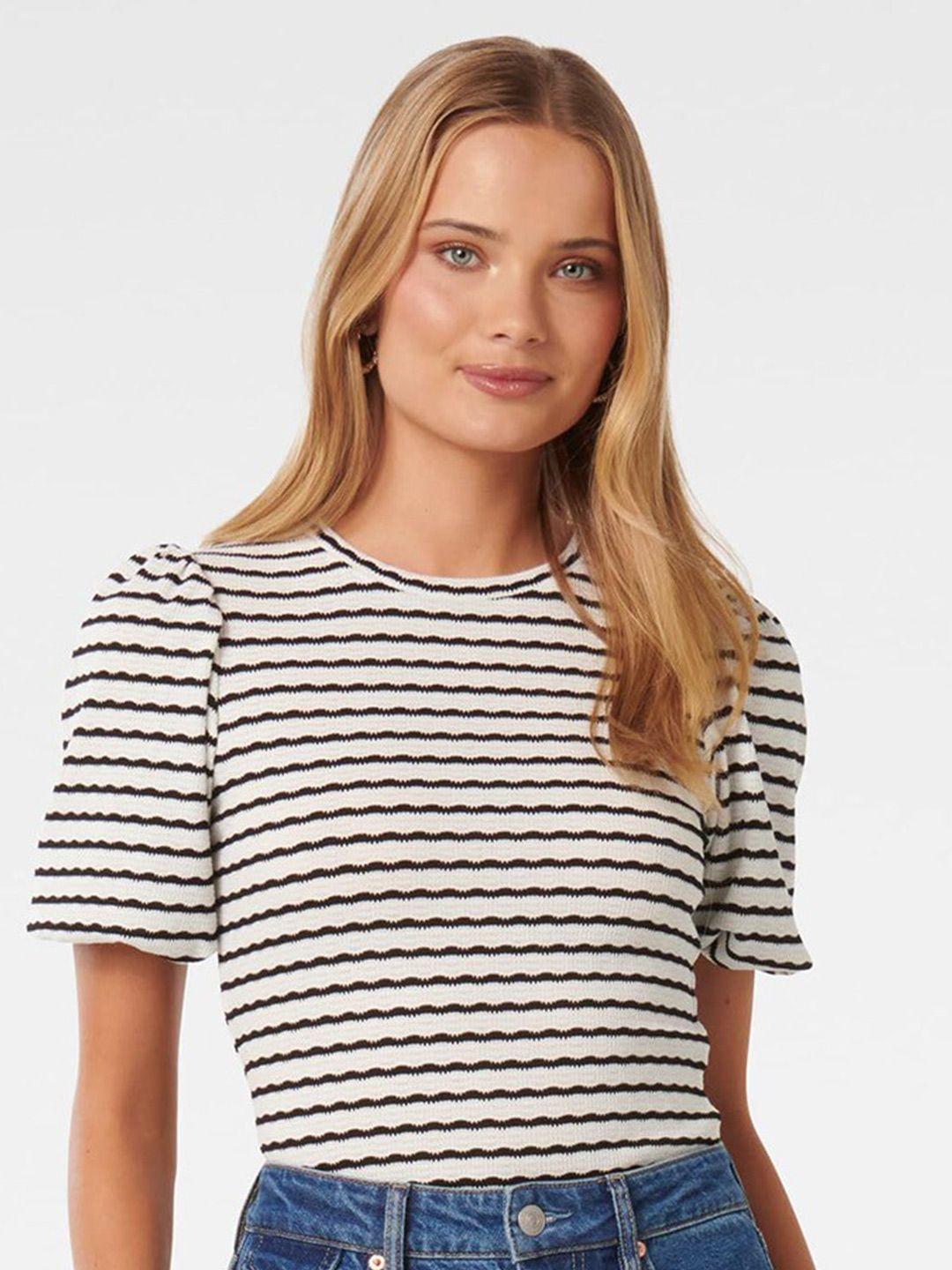 forever new horizontal stripes round neck puff sleeves opaque fitted striped top