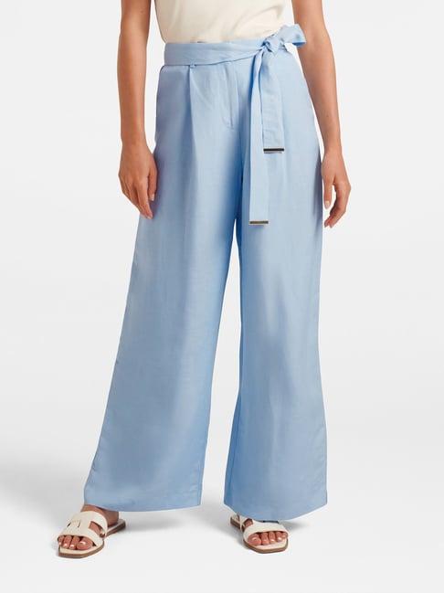 forever new light blue high rise slim fit drawstring trousers