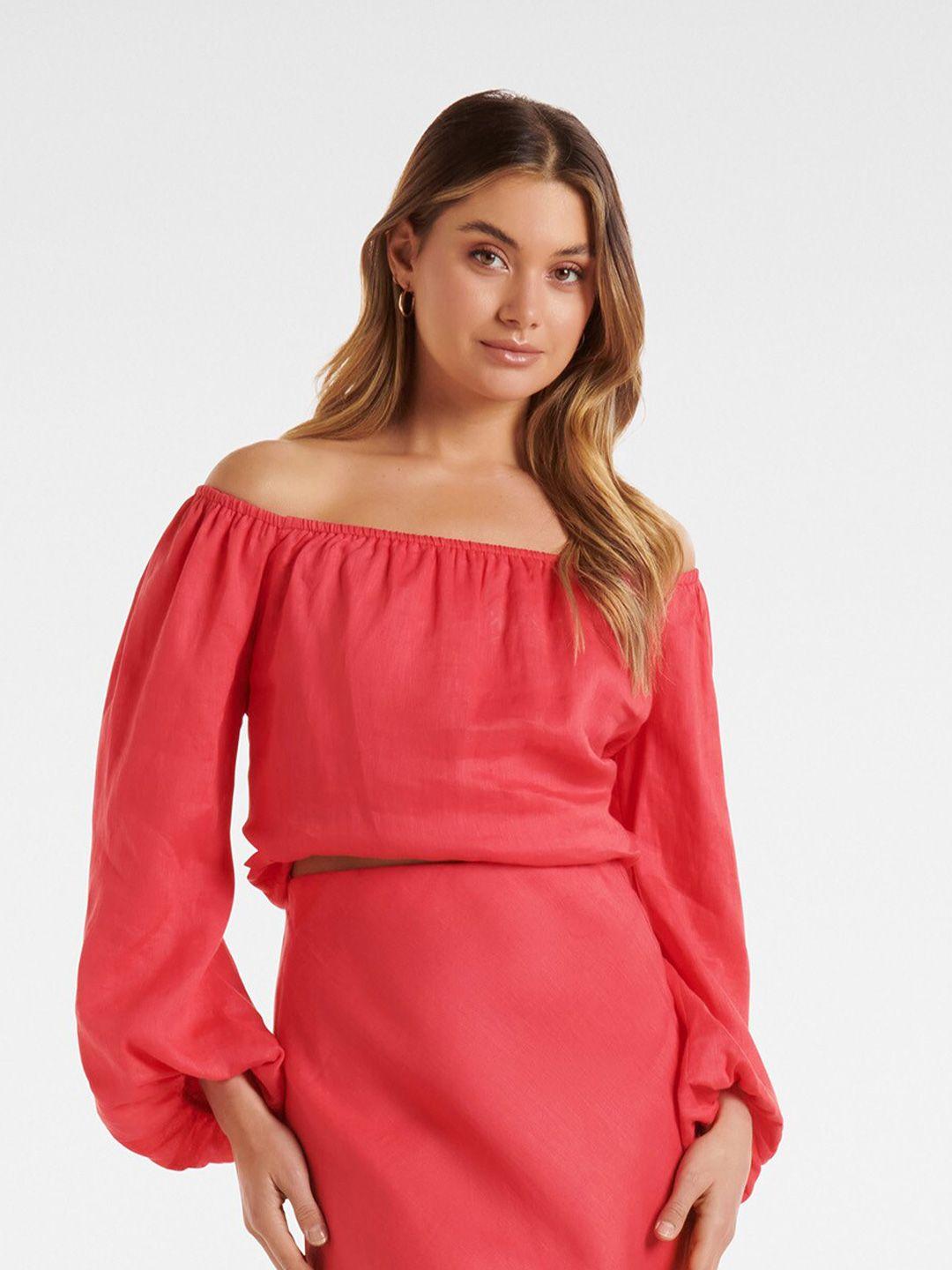 forever new off-shoulder puff sleeve linen bardot top