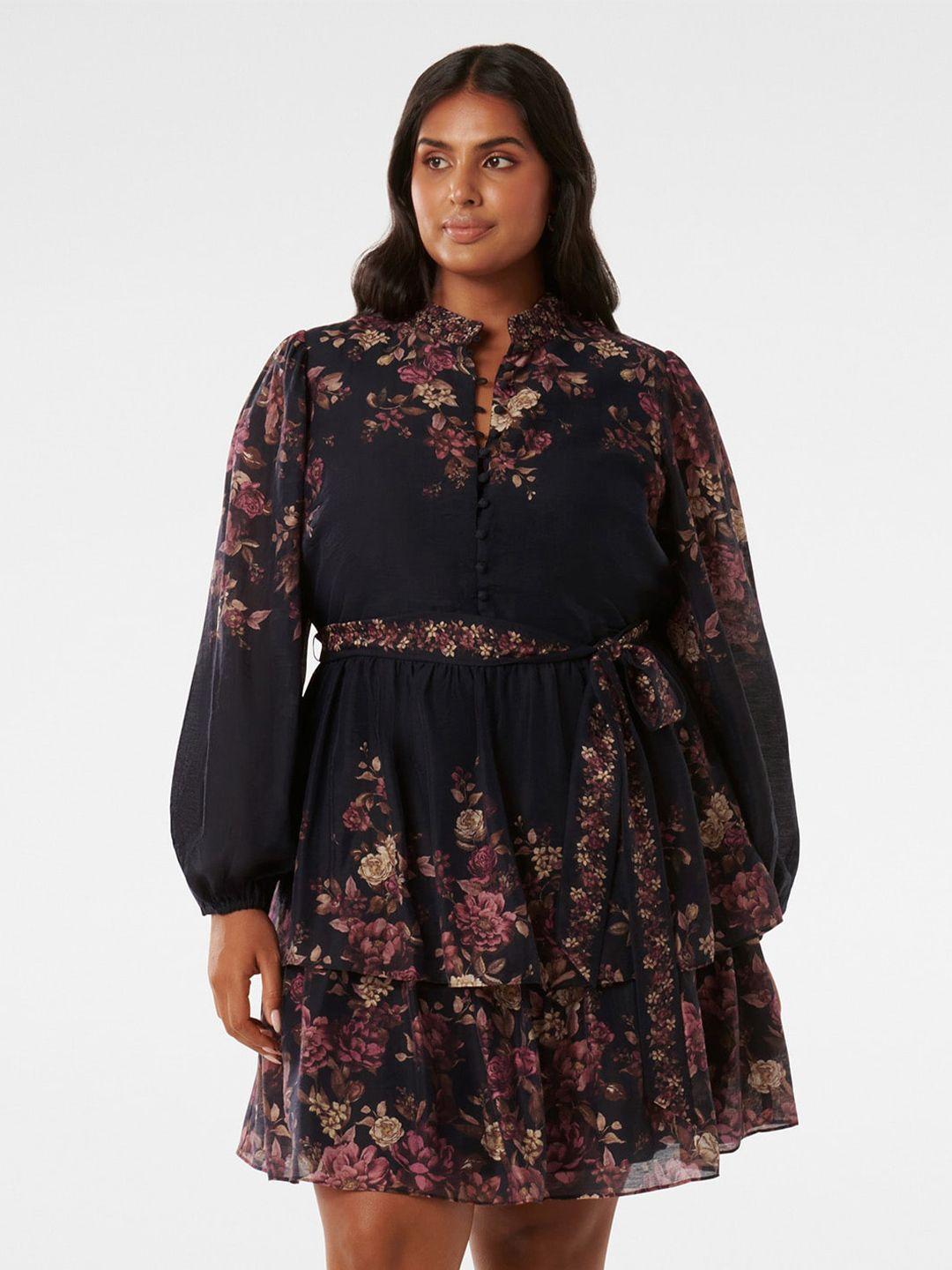 forever new plus size floral printed tiered fit & flare mini dress with a belt