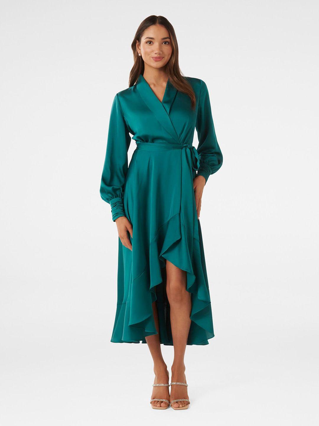 forever new v-neck bishop sleeves high-low satin midi wrap dress