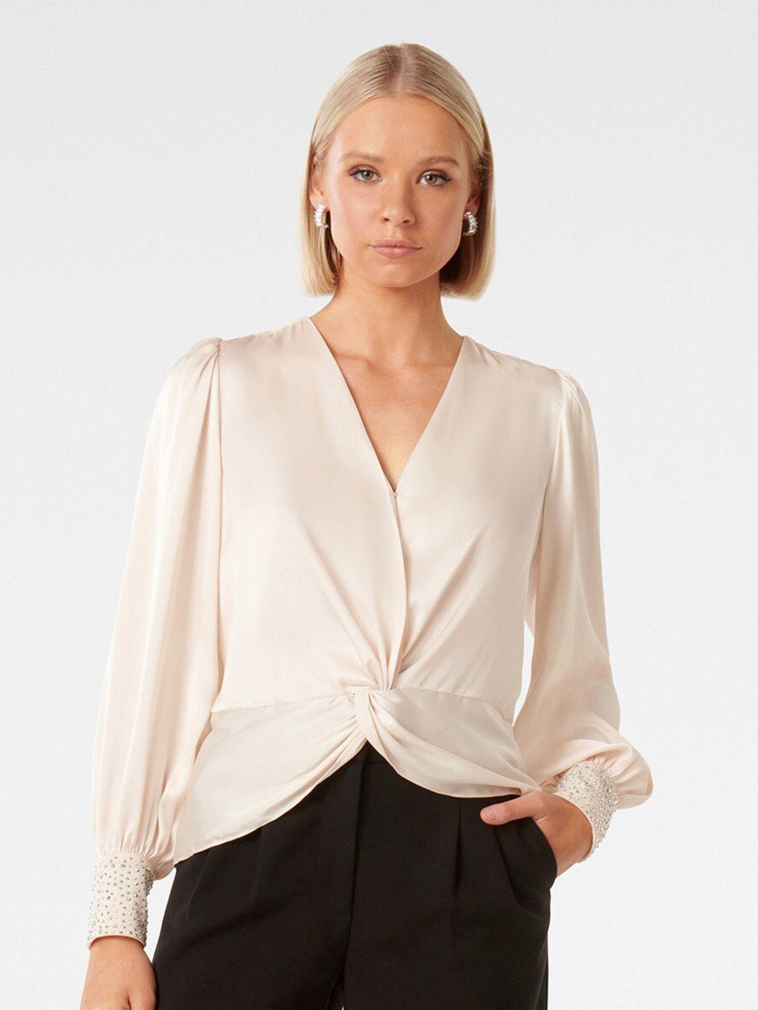 forever new v-neck cuffed sleeves satin top