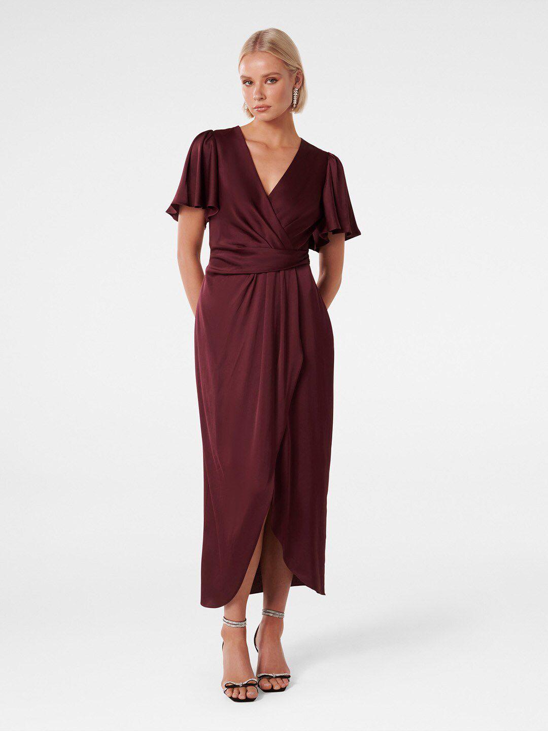 forever new v-neck flared sleeve satin midi wrap dress