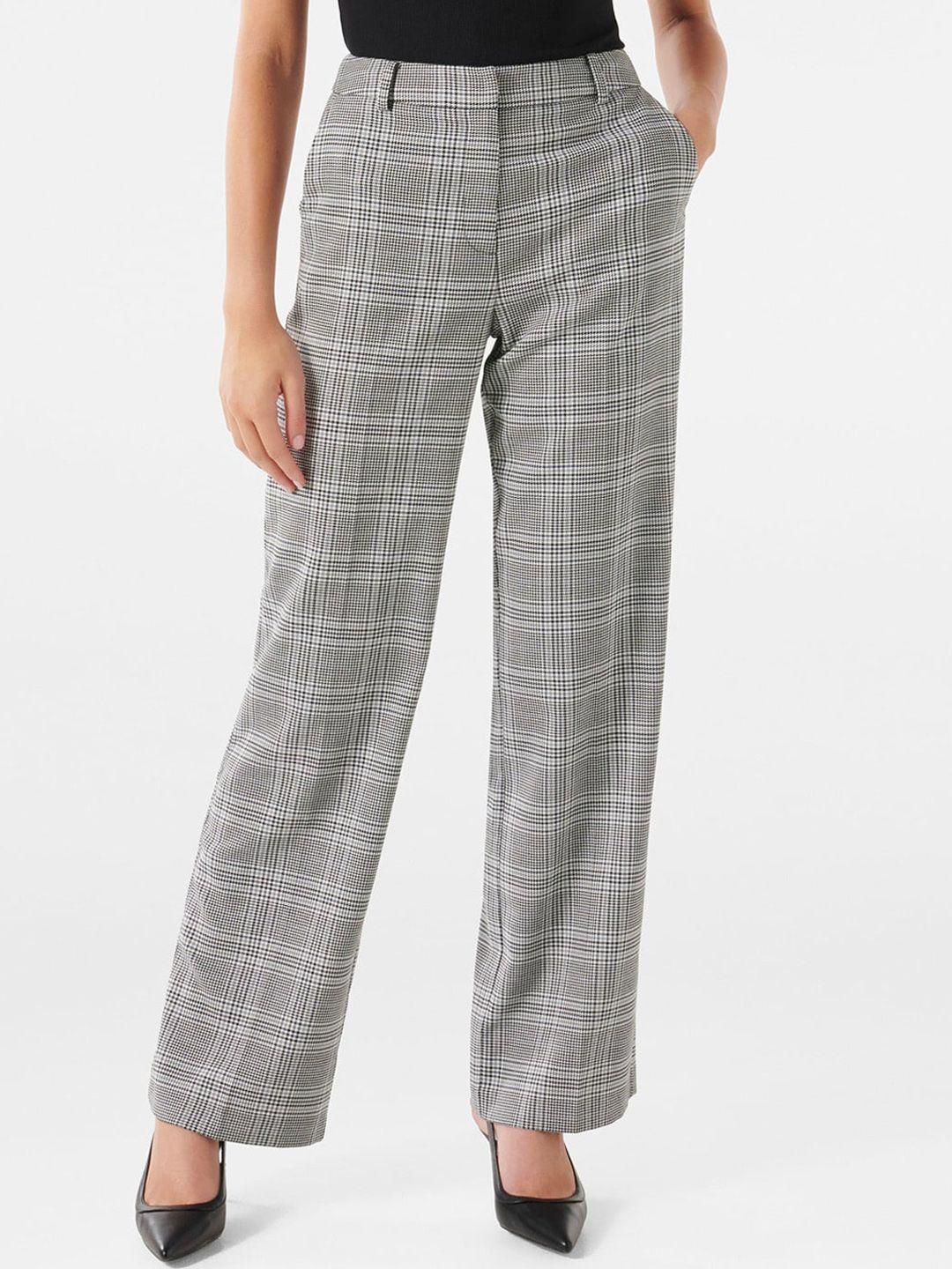 forever new women checked slim fit high-rise parallel trousers