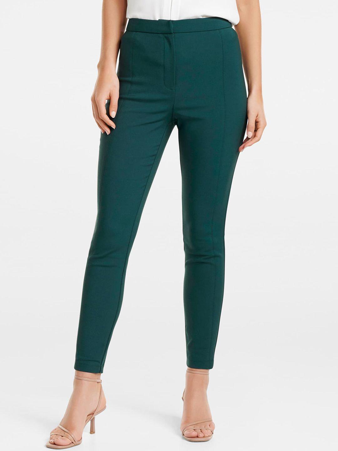 forever new women green slim fit solid regular trousers