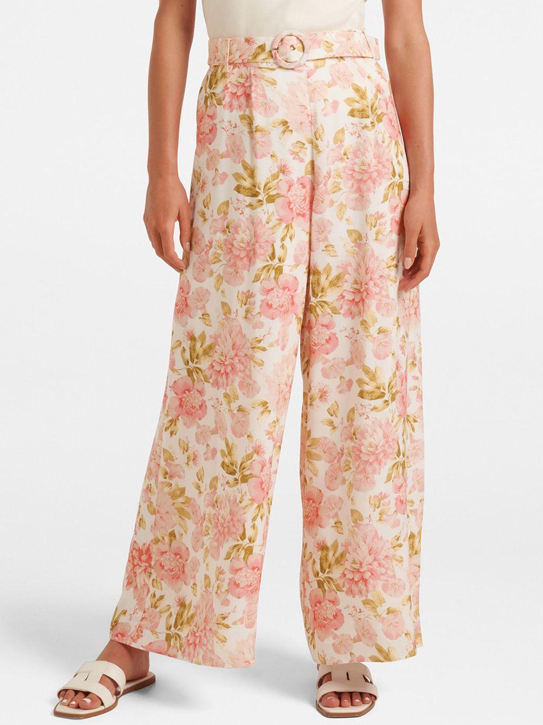 forever new women multicoloured floral printed high-rise trousers
