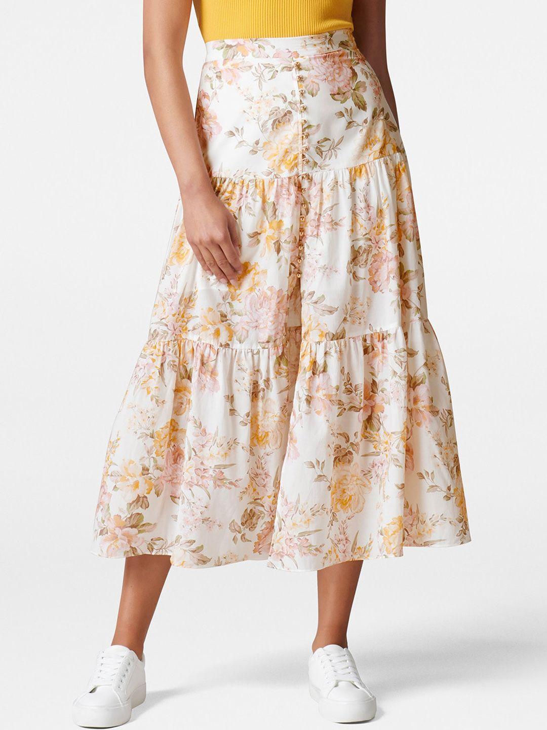 forever new women peach coloured & yellow printed midi tiered skirt