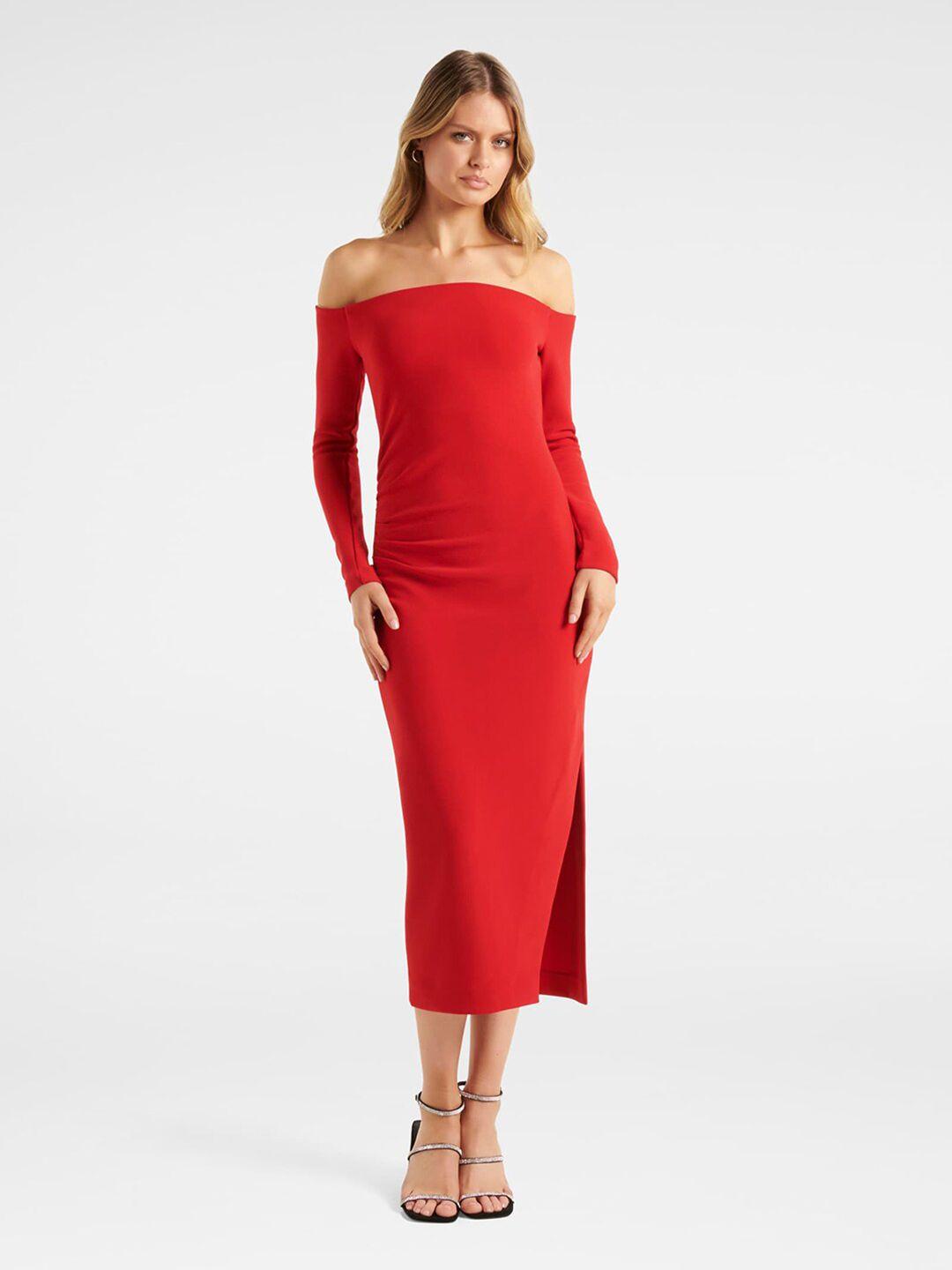 forever new women red solid off-shoulder bodycon midi dress