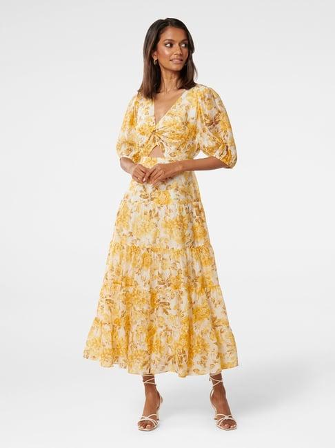 forever new yellow & white floral print fit & flare dress