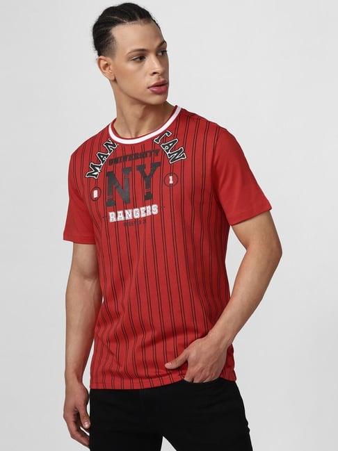 forever21 red cotton regular fit striped t-shirt