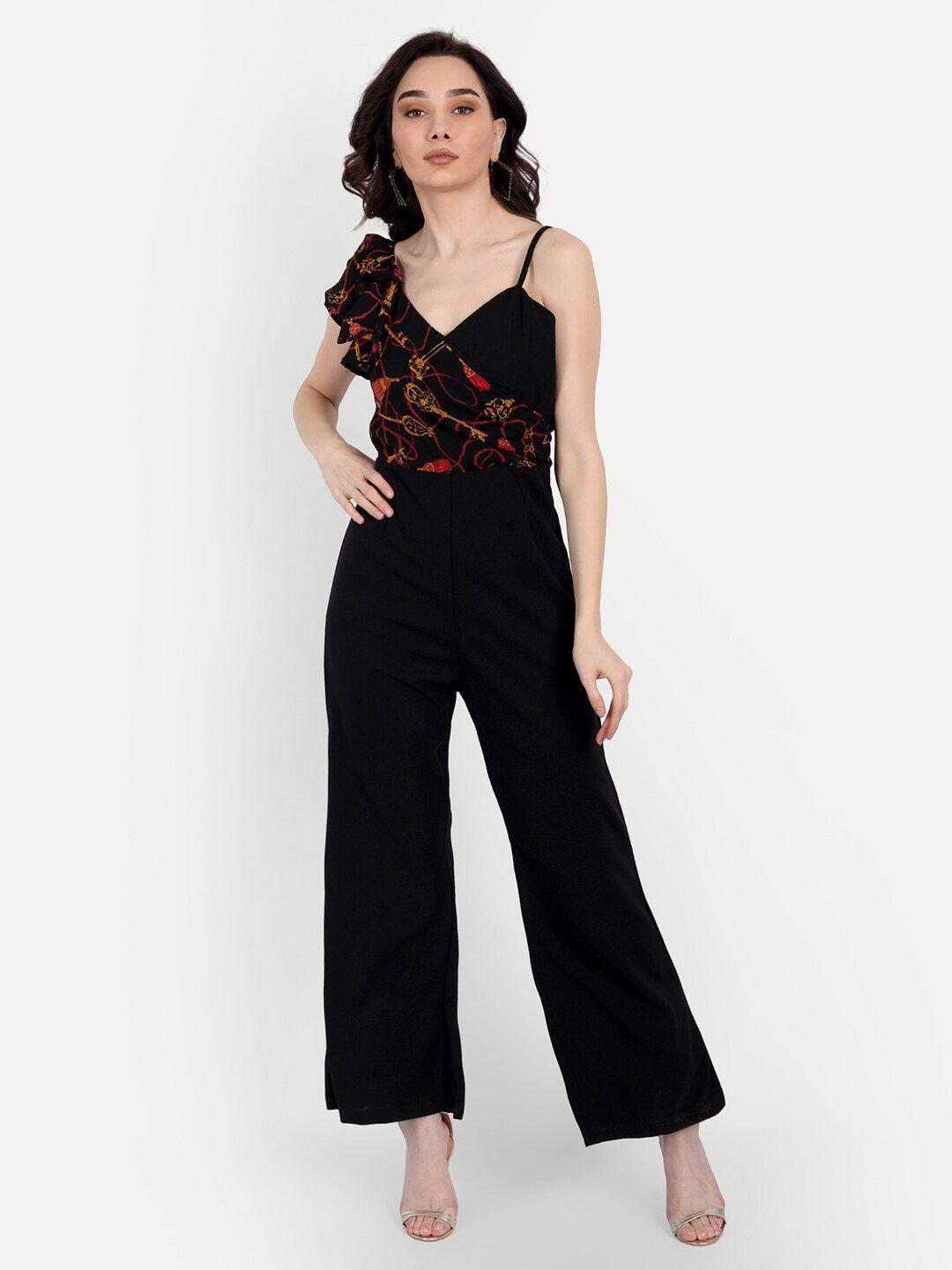 forevermore black & red printed basic jumpsuit with ruffles