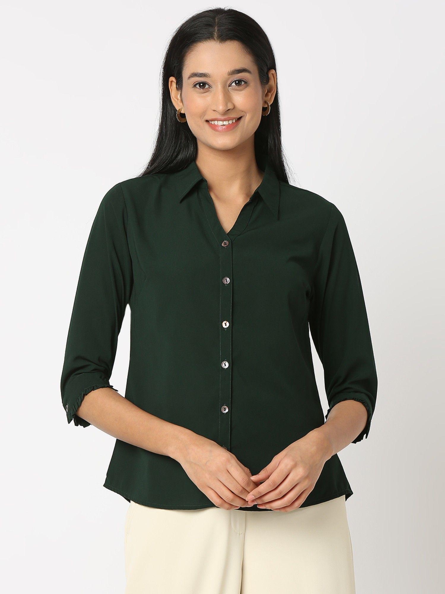 formal bottle green v-neck collar shirt