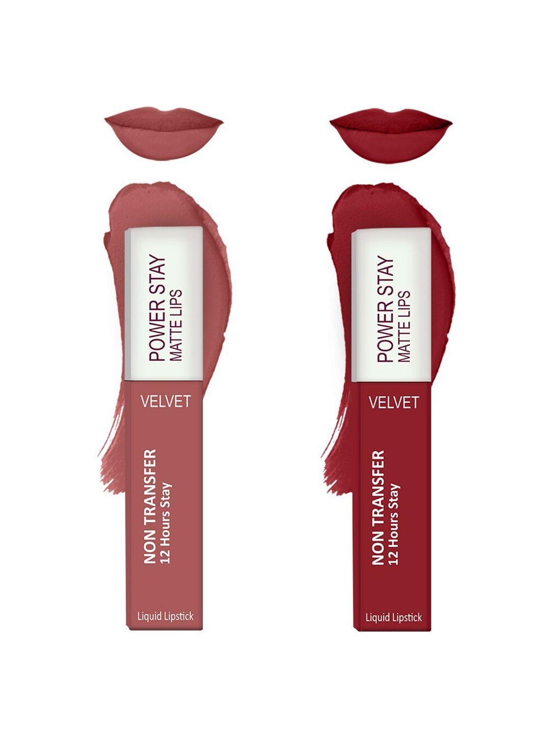 forsure set of 2 power stay matte lips non-transfer 12 hours stay velvet matte liquid lipstick - peach nude 21 - deep red 22