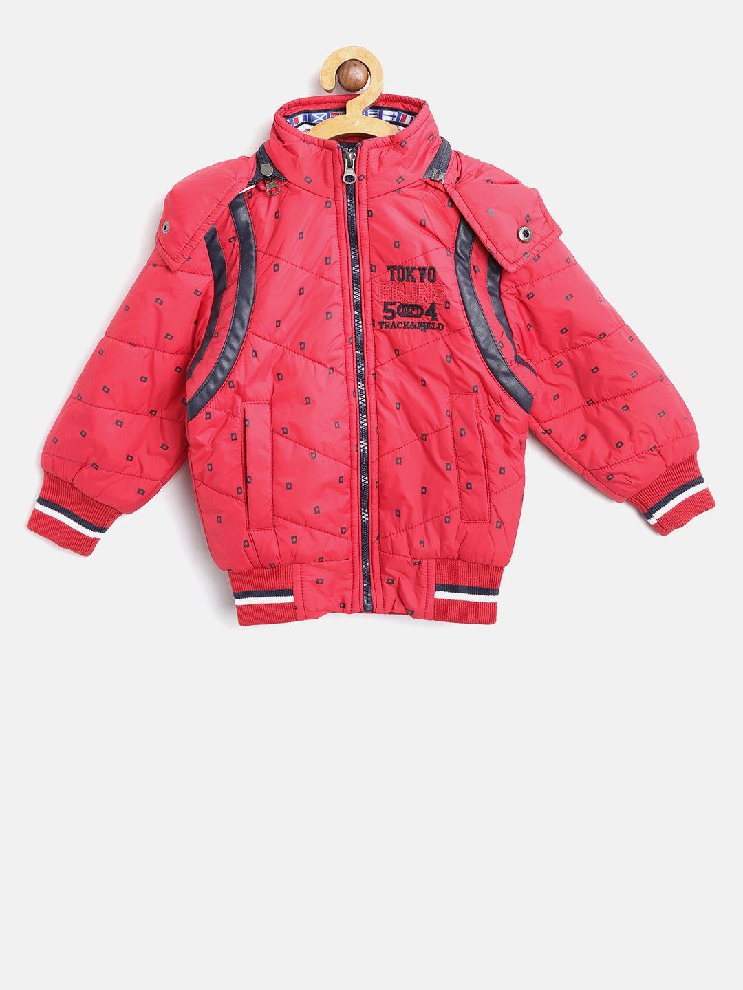 fort collins boys red & navy blue hooded printed bomber jacket