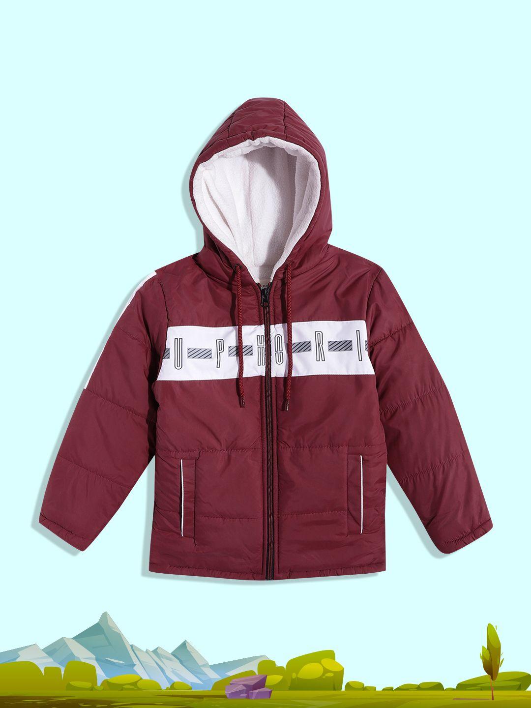 fort collins boys maroon & white typography hooded padded jacket