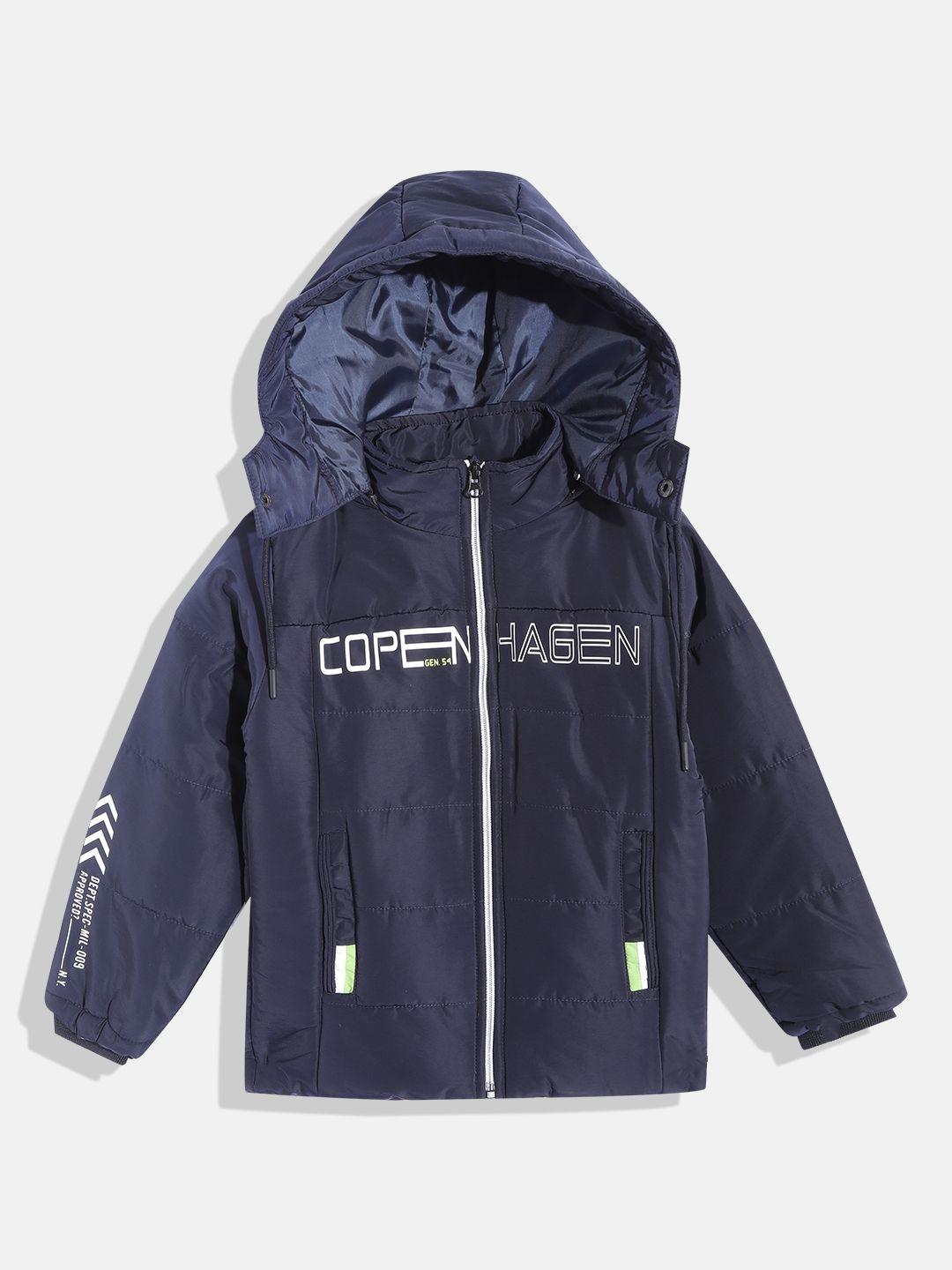 fort collins boys navy blue white typography printed hooded padded jacket