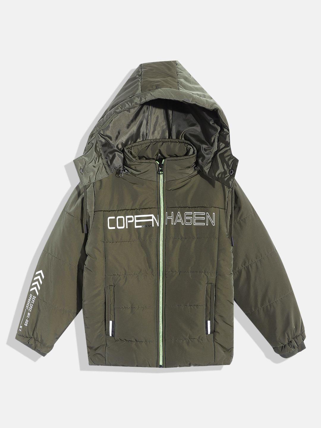 fort collins boys olive green typography printed hooded padded jacket