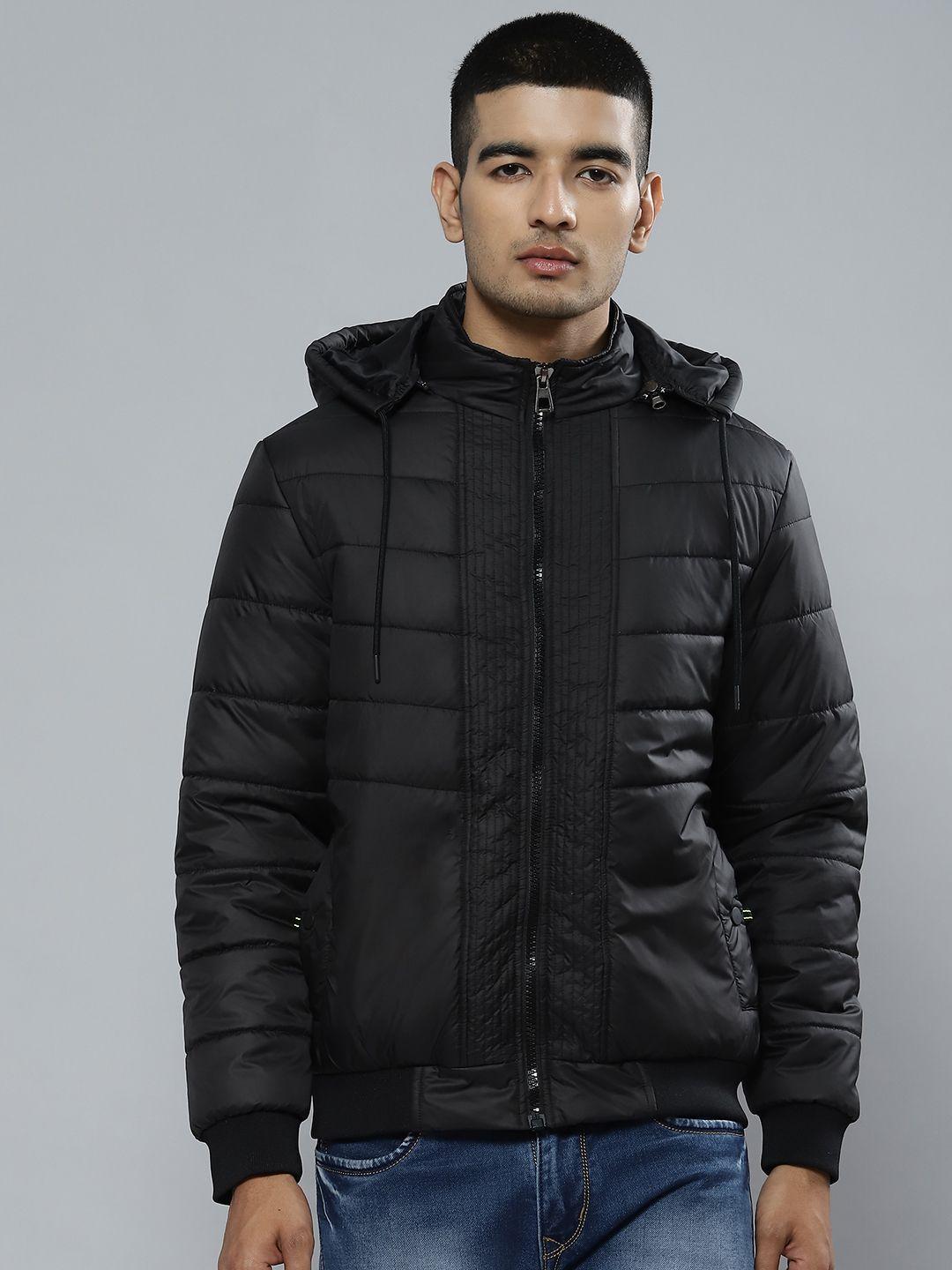 fort collins men black solid detachable hood bomber jacket