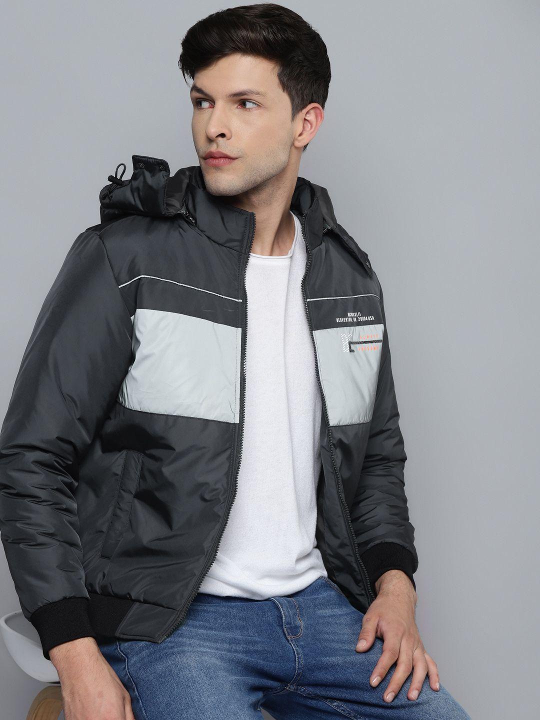 fort collins men charcoal colourblocked padded detachable hood jacket