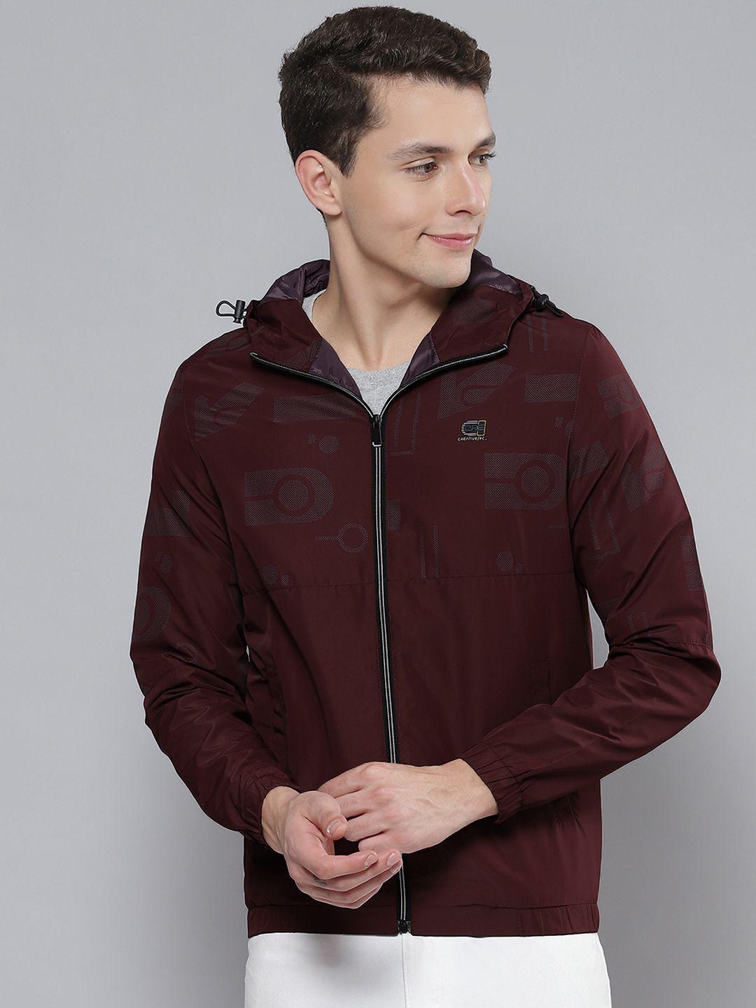 fort collins men maroon printed hooded tailored jacket