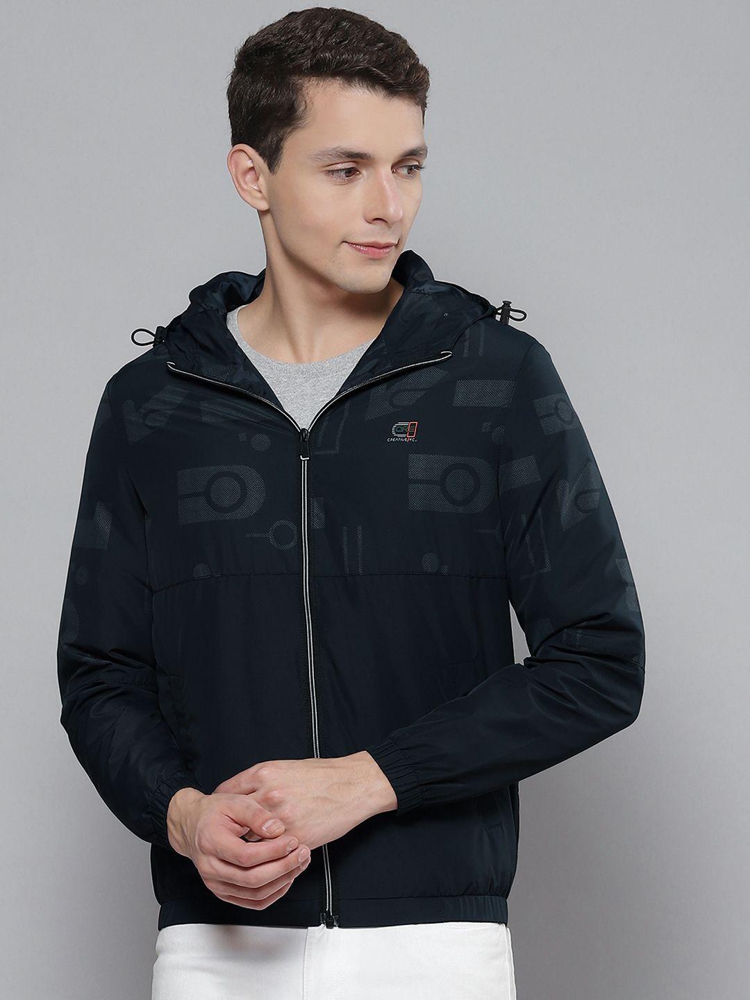 fort collins men navy blue printed detachable hood bomber jacket