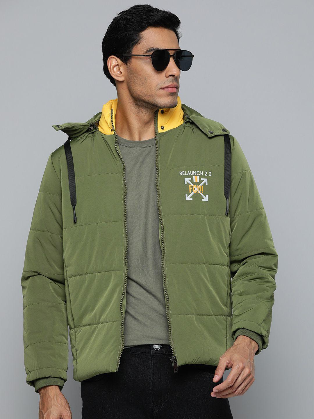 fort collins men olive green solid padded jacket with detachable hood