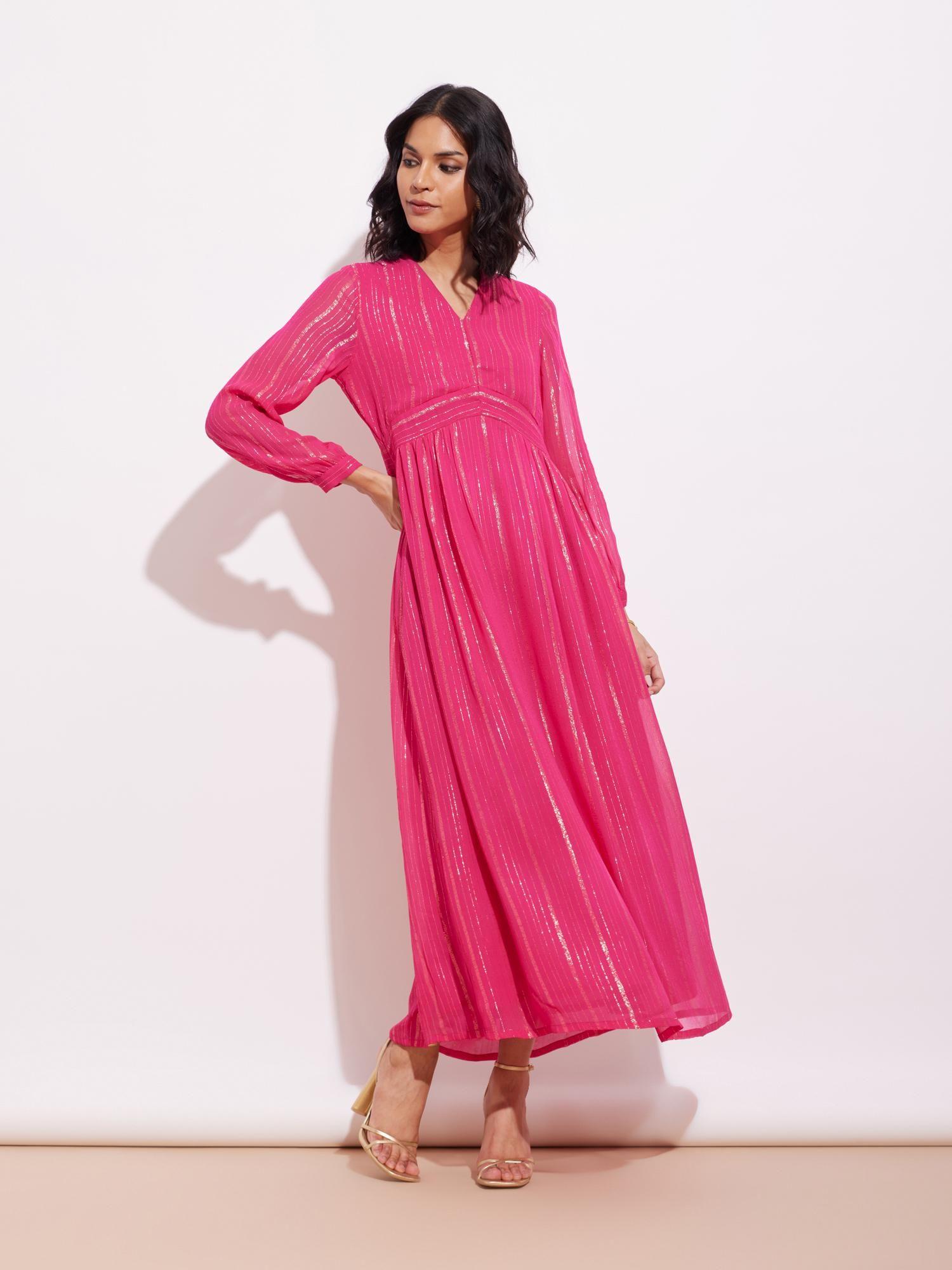 fort georgette lurex gold striped dress - fuchsia