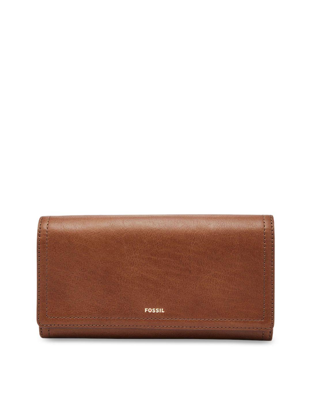 fossil brown solid leather clutch