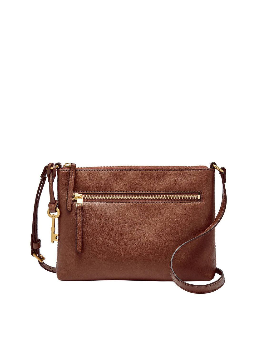 fossil brown solid leather sling bag