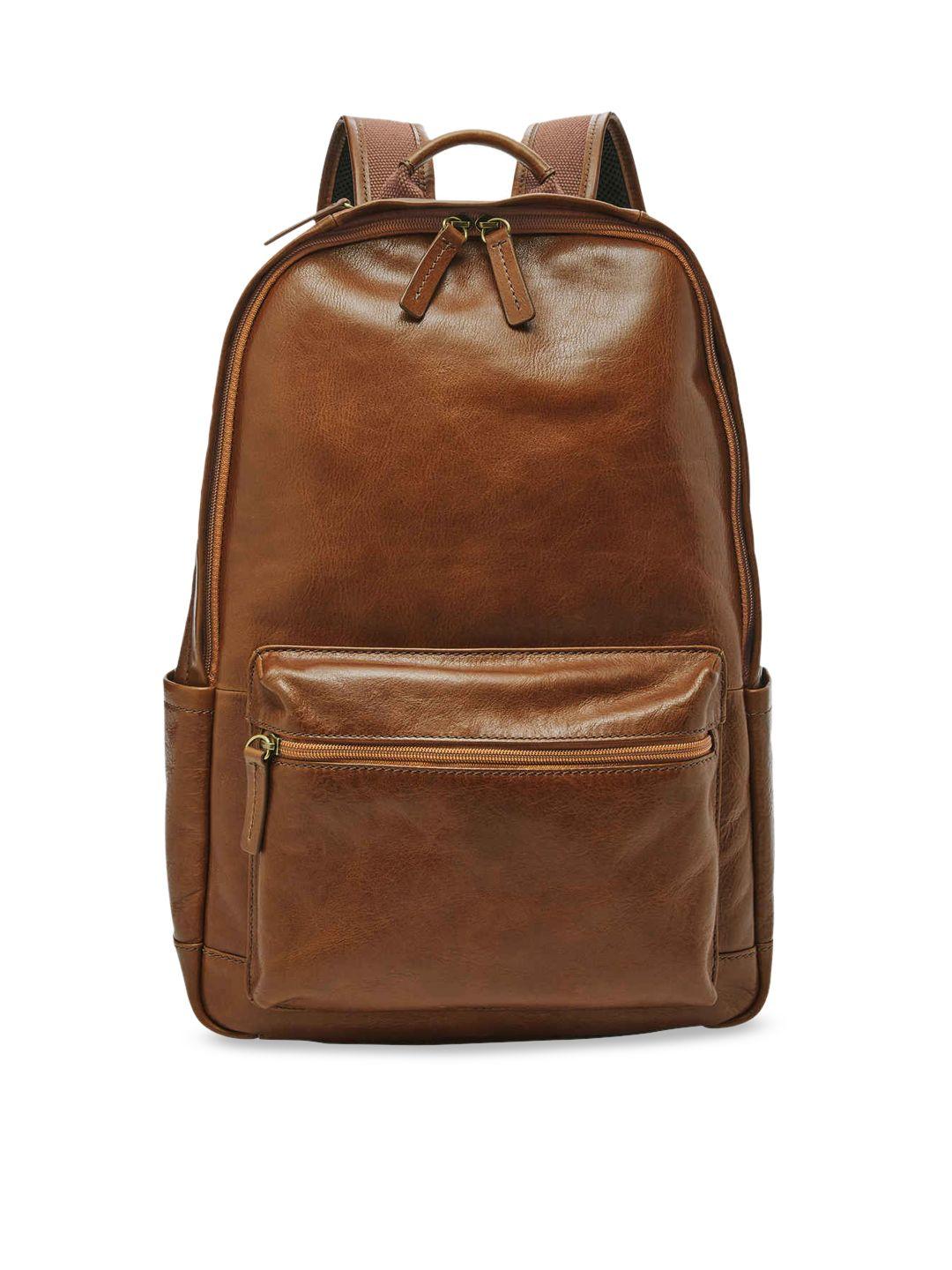 fossil men brown solid leather backpack