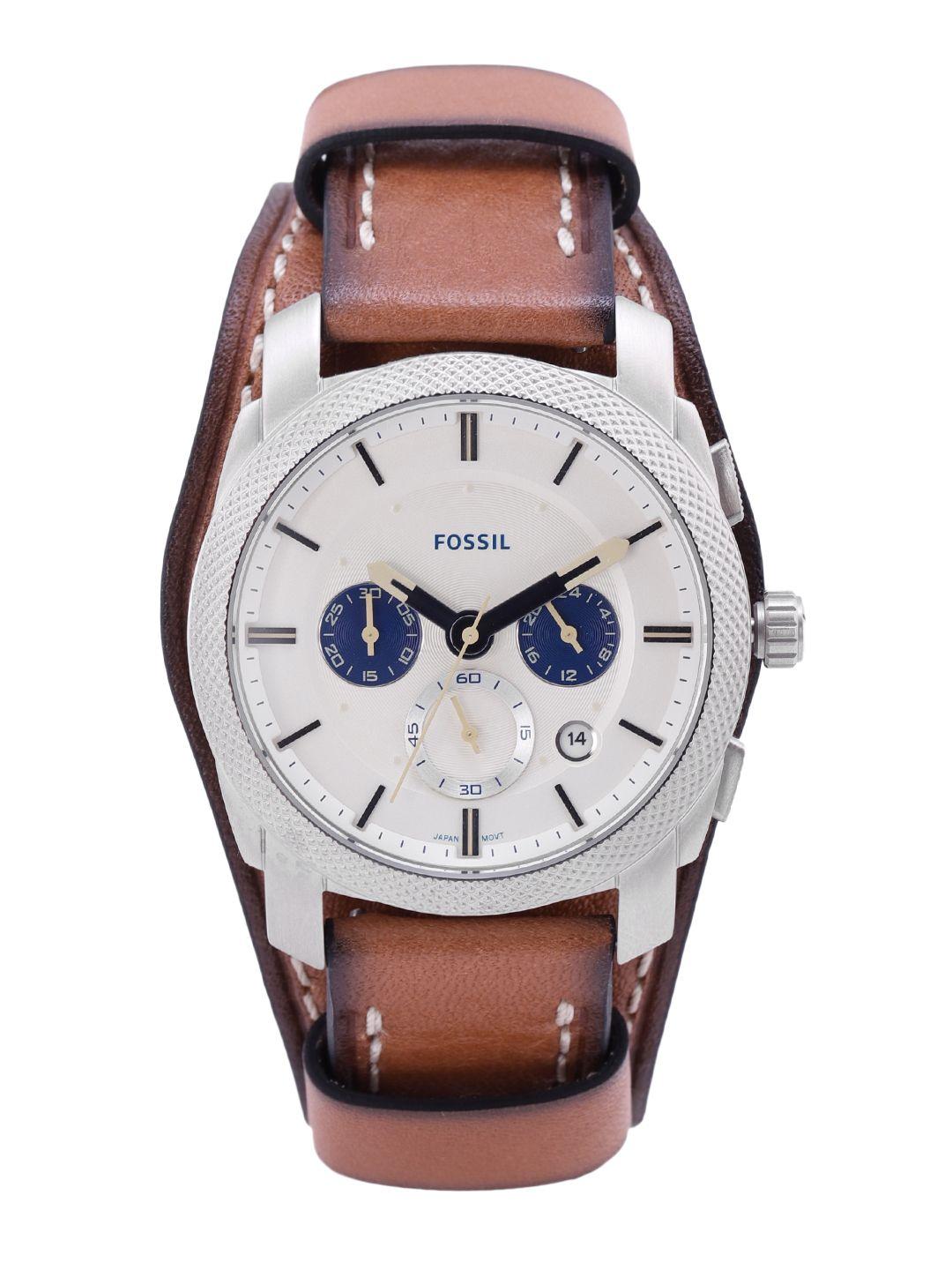 fossil men yellow dial & brown leather straps analogue chronograph watch fs5922