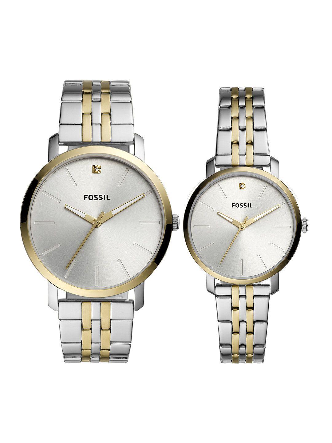 fossil silver-toned his & her watch gift set