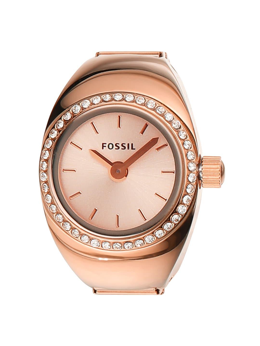 fossil women embellished dial & stainless steel bracelet style straps ring watch es5320