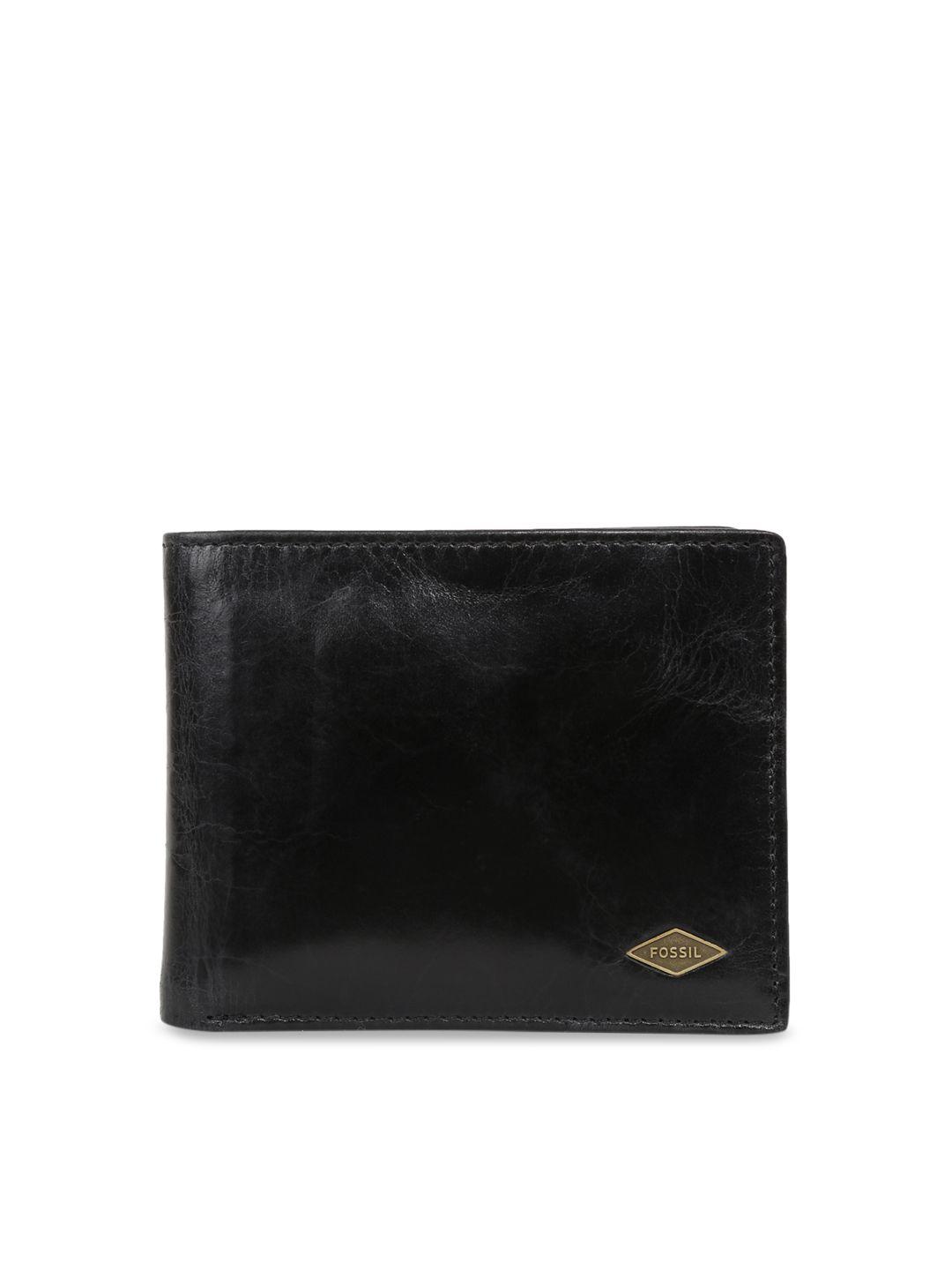 fossil men black solid leather two fold wallet