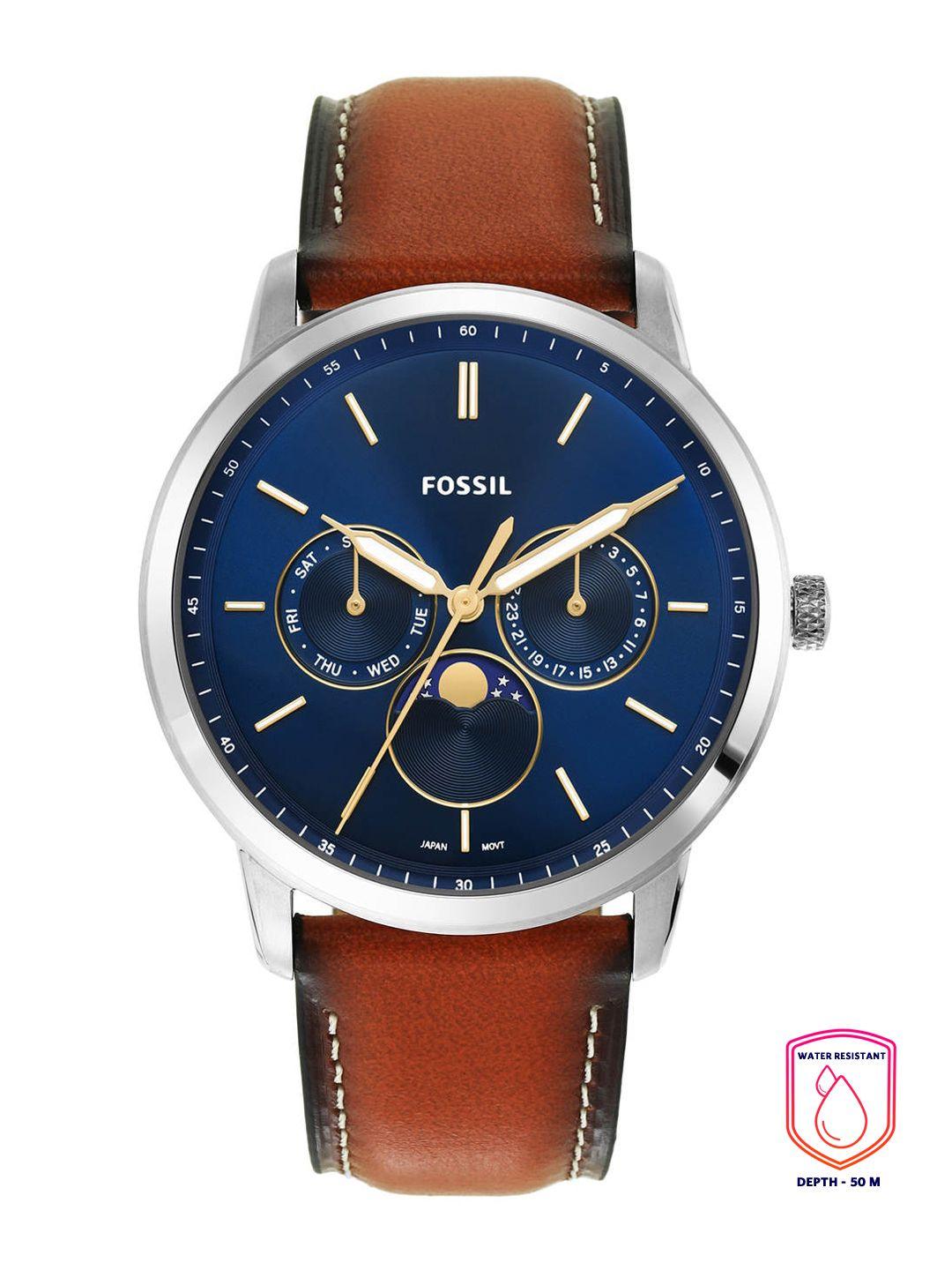 fossil men blue dial & brown leather straps analogue watch fs5903