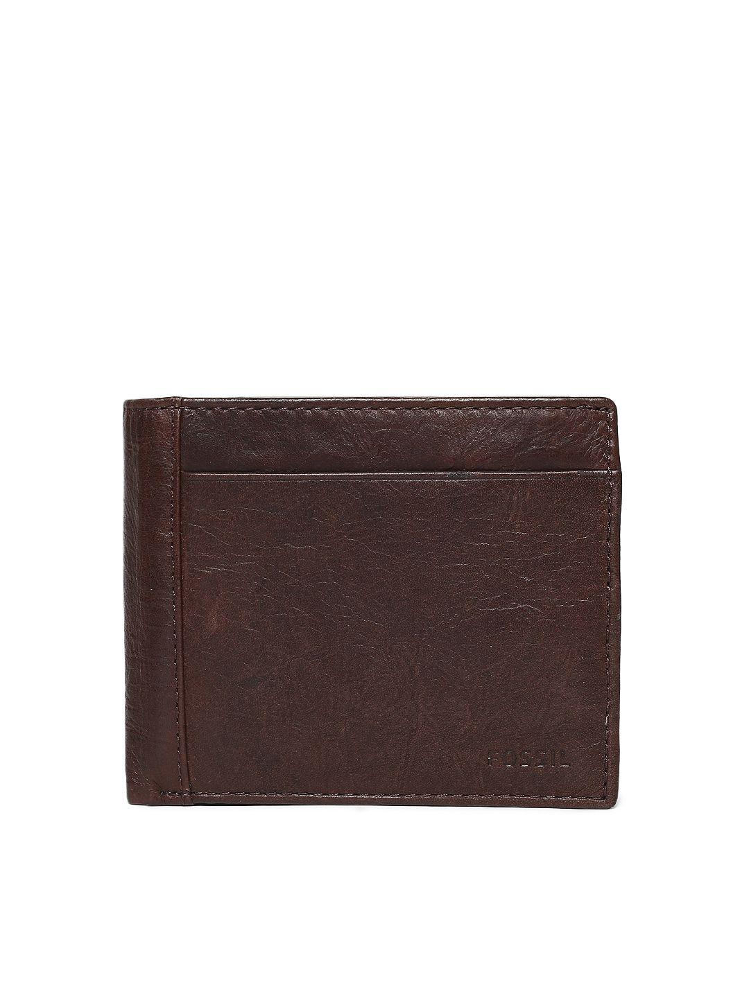 fossil men brown solid two fold leather wallet