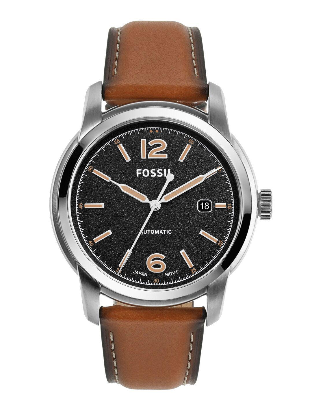 fossil men heritage leather chronograph automatic motion powered watch me3233-brown