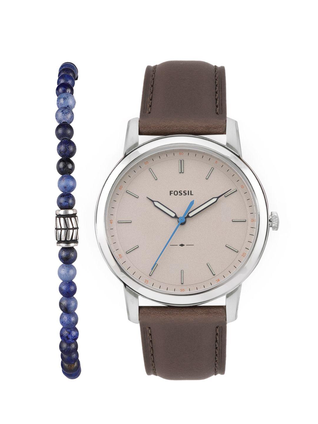 fossil men minimalist leather analogue watch fs5966set-brown