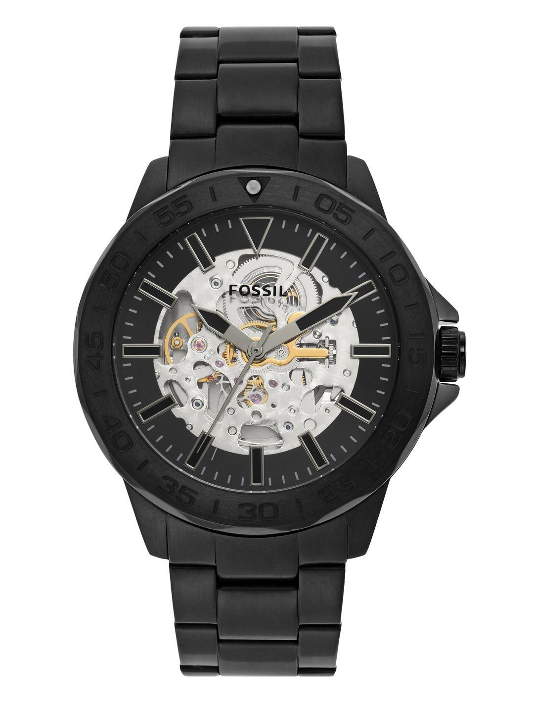 fossil men skeleton bannon bracelet style analogue automatic motion watch bq2679-black